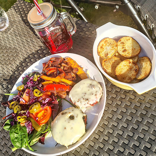 Beef burger, cheese, salad and roast potatoes-Slimming World BBQ recipes-Slimming World blog