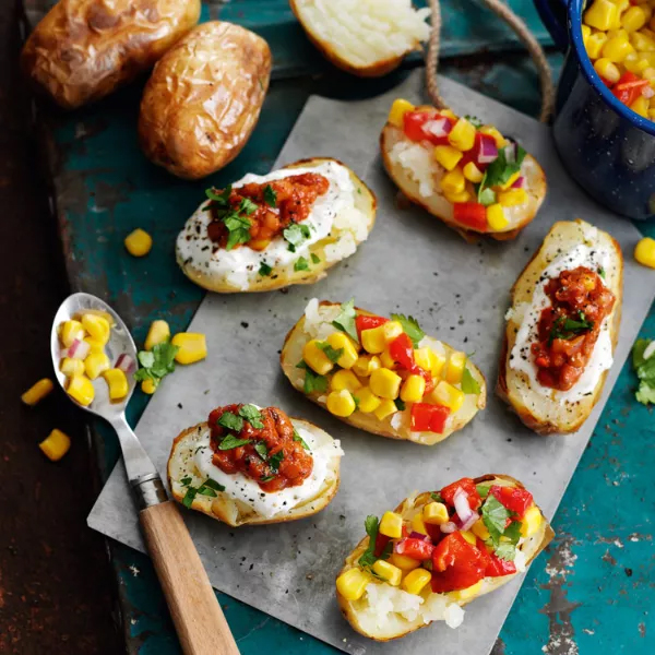 Mini jacket potatoes topped with chilli and sweetcorn salsa-sharing recipes