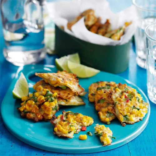 sweetcorn and chive fritters on a blue plate-sharing recipes-slimming world blog