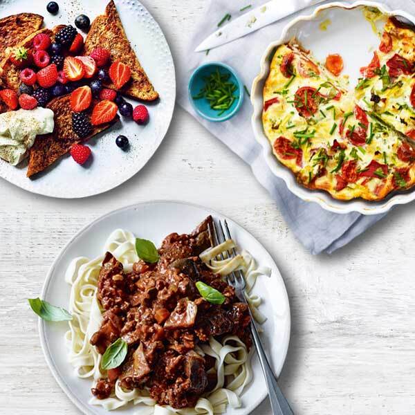 Image shows various Slimming World recipes - Cinnamon French toast, Herby vegetable quiche and Bistro bolognese