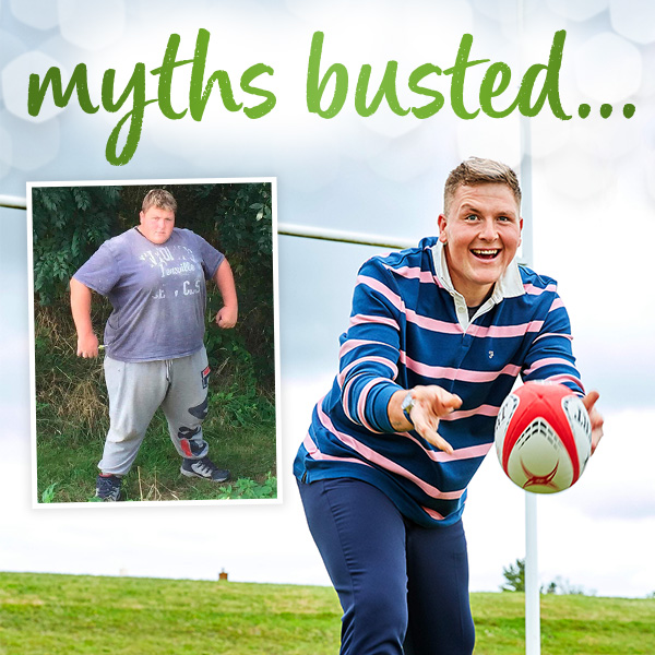 Slimming World member playing rugby, Text reads 'myths busted'