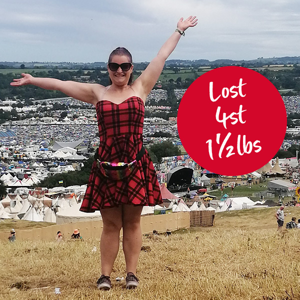 Slimming World member at a festival. Text reads: Lost 4st 1lb