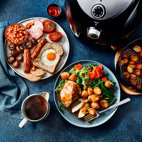 Slimming World air fryer dishes - cooked breakfast, chicken dinner and chips