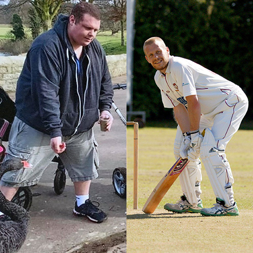 Dave Winchester before weight loss wearing black hoody and shorts. Photo after weight loss playing cricket.