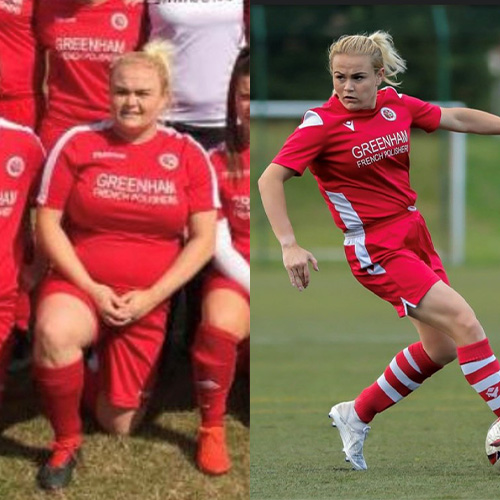 Kelly Roberts before and after wearing red football kit