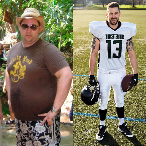 Ross Hebden holiday photo before weight loss and after photo wearing white American football strip.