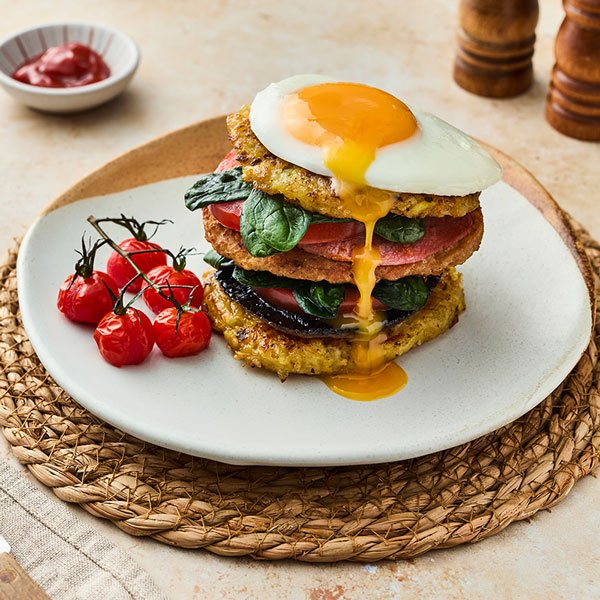 A bacon, sausage and egg breakfast stack with Syn-free Slimming World hash browns