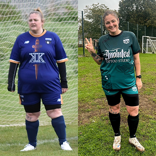Member Shellie Wroe before and after in football gear