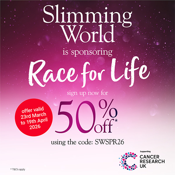 Slimming World is sponsoring Race for Life - sign up now for 50% off using the code SWSPR26. Offer valid 23rd March to 19th April 2026