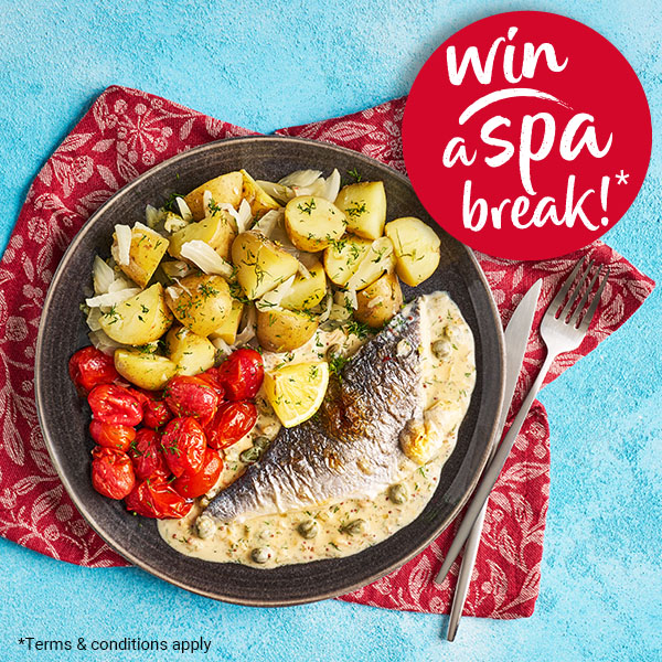 Slimming World Kitchen's sea bream in fennel and caper sauce. A red sticker reads: Win a spa break!