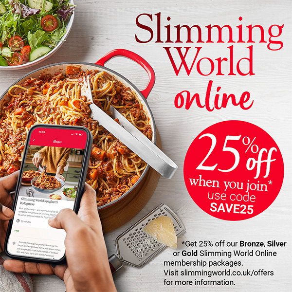 Slimming World Online. 25% off when you join* - use code SAVE25. *Get 25% off our Bronze, Silver or Gold Slimming World Online membership packages. Visit slimmingworld.co.uk/offers for more information.
